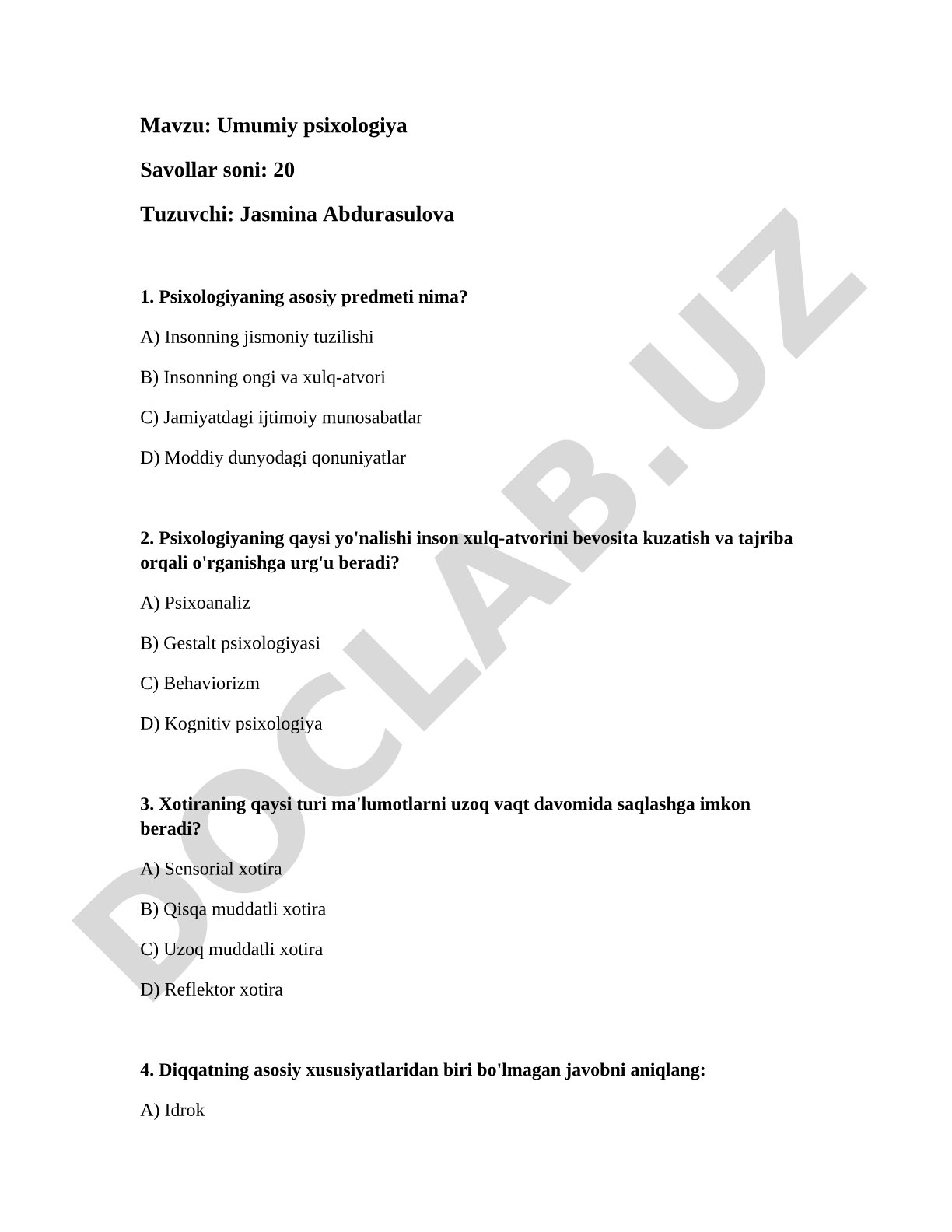 Umumiy psixologiya savollari