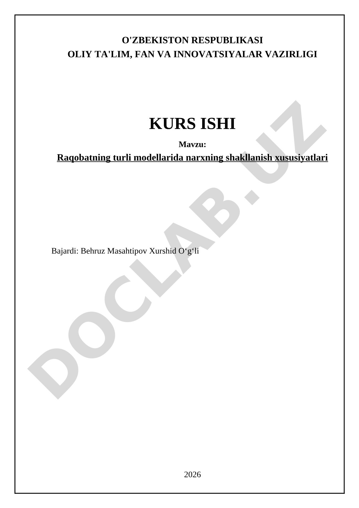 Raqobatning turli modellarida narxning shakllanish xususiyatlari