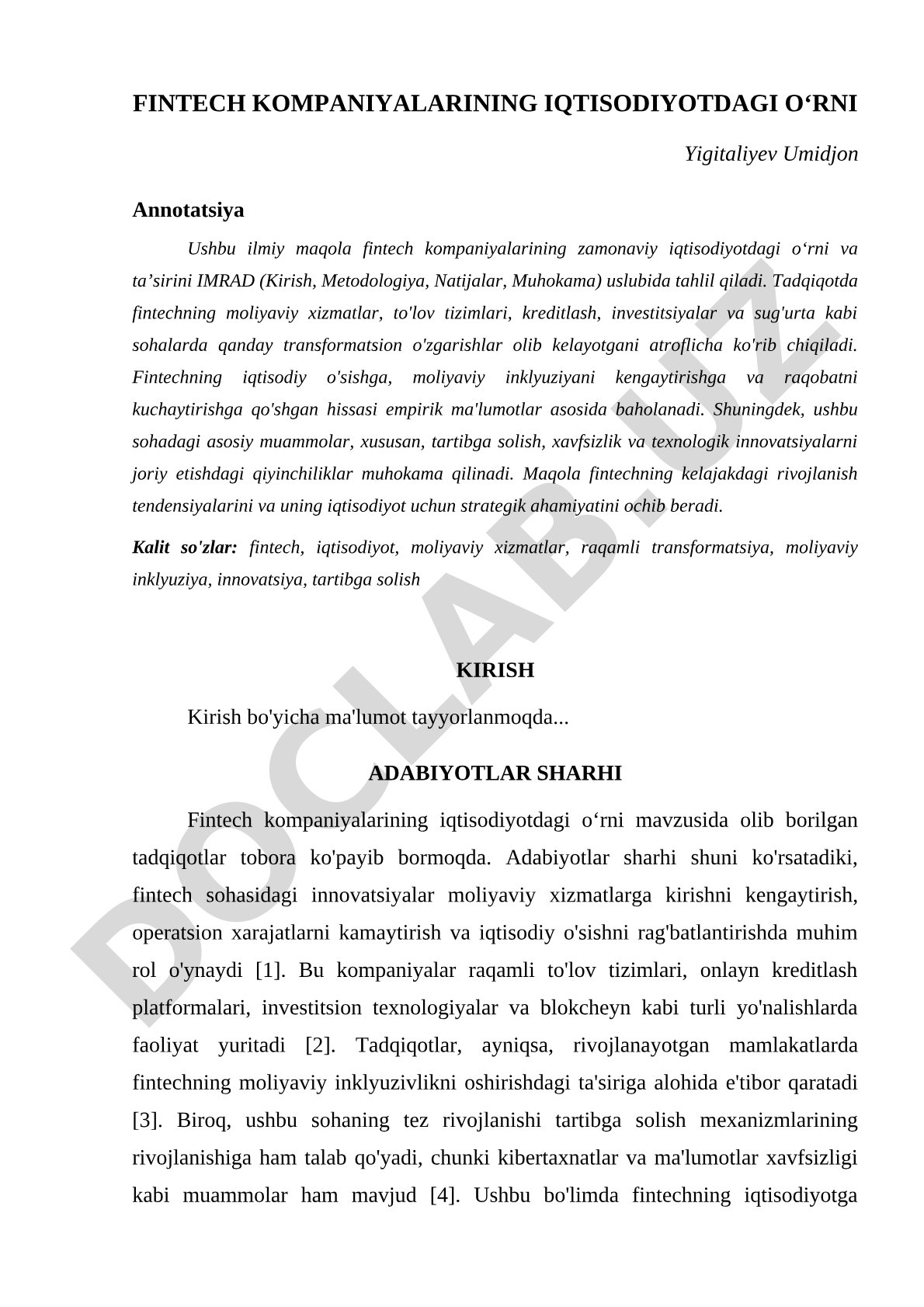 Fintech kompaniyalarining iqtisodiyotdagi o‘rni