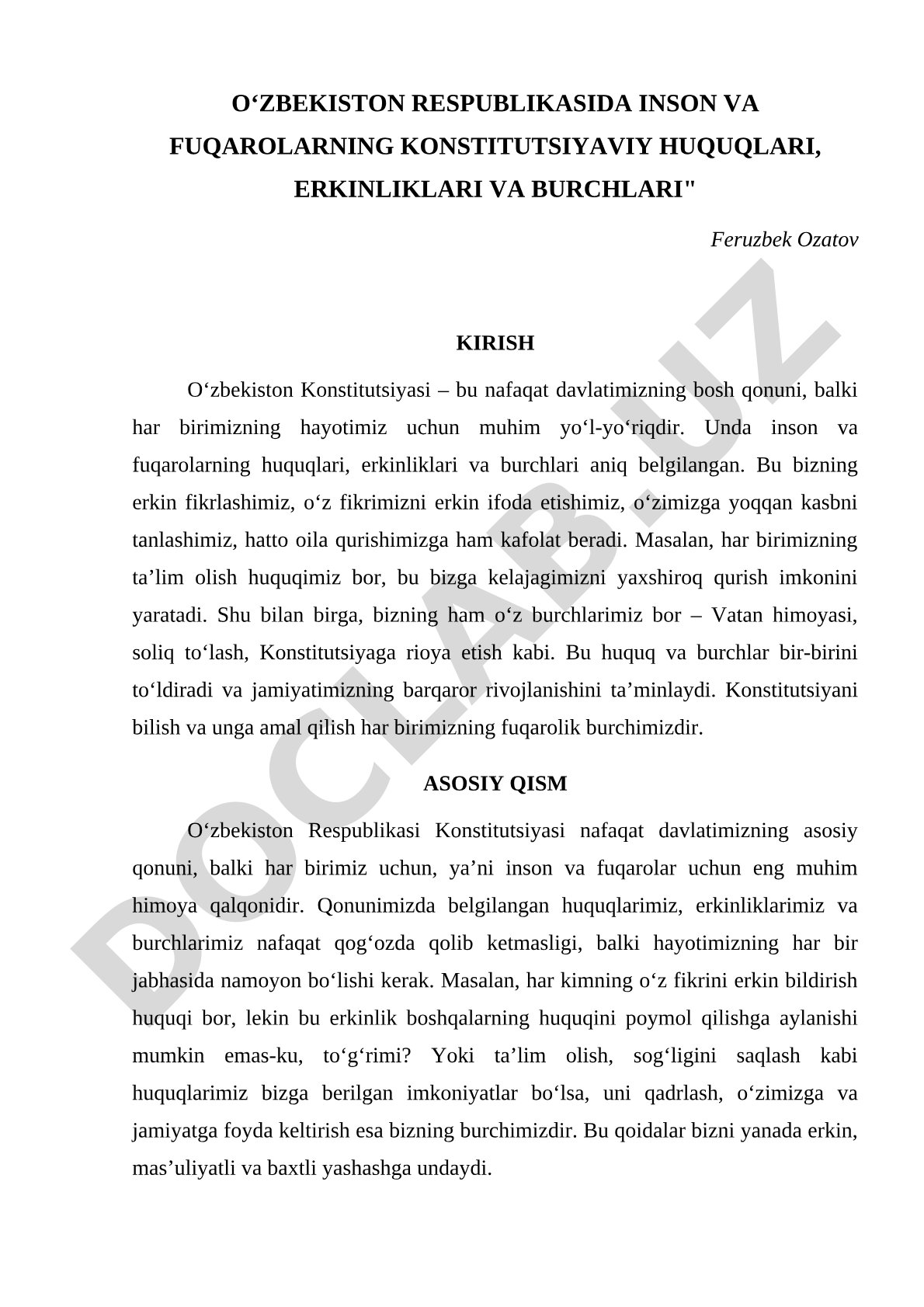 O‘zbekiston Respublikasida inson va fuqarolarning konstitutsiyaviy huquqlari, erkinliklari va burchlari