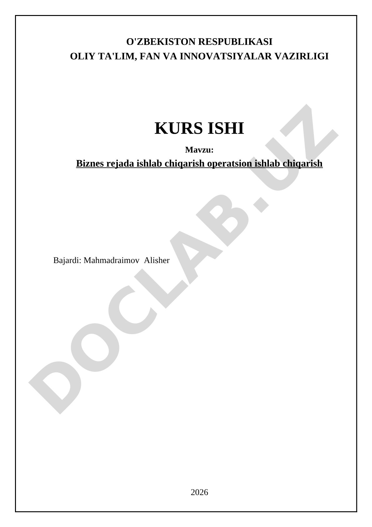Biznes rejada ishlab chiqarish operatsion ishlab chiqarish