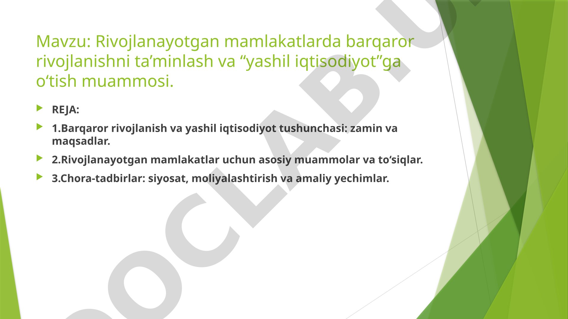 Rivojlanayotgan mamlakatlarda barqaror rivojlanishni ta’minlash va “yashil iqtisodiyot”ga o‘tish muammosi