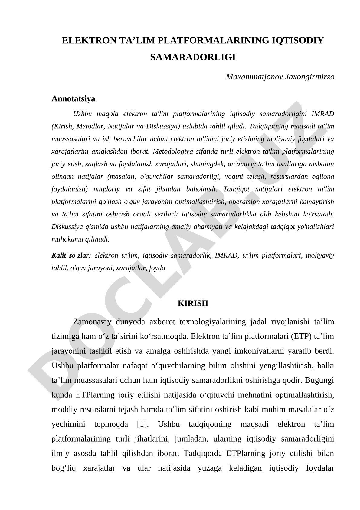 Elektron ta'lim platformalarining iqtisodiy samaradorligi