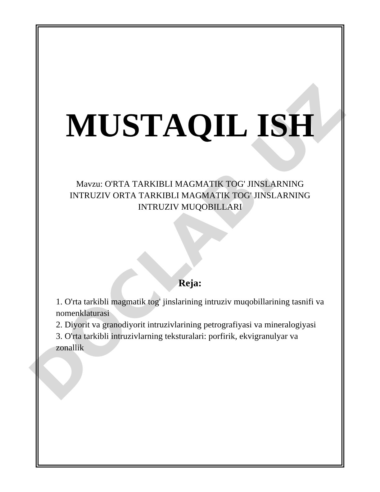 O'rta tarkibli magmatik tog' jinslarining intruziv muqobillari