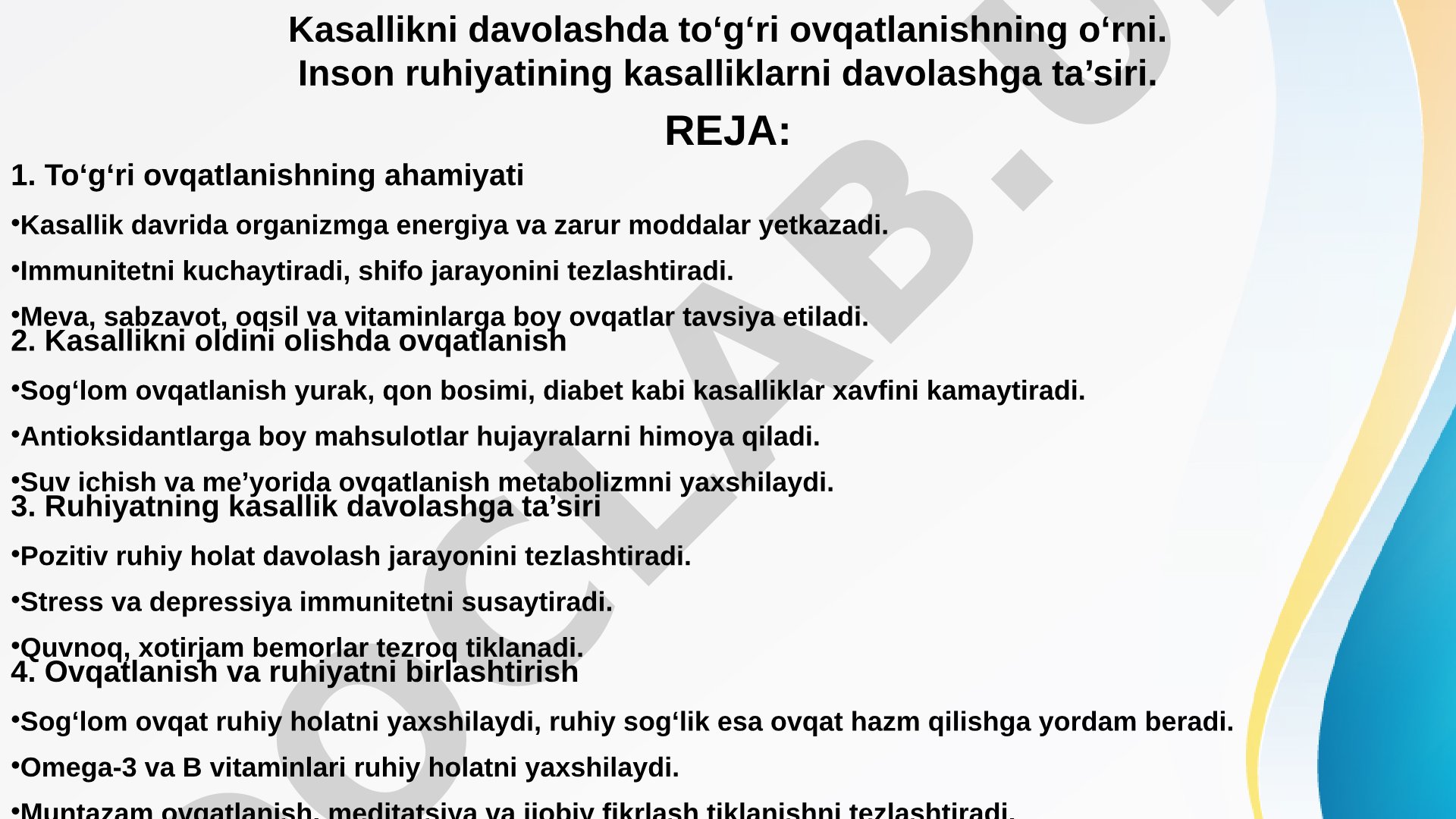 Kasallikni davolashda to‘g‘ri ovqatlanishning o‘rni