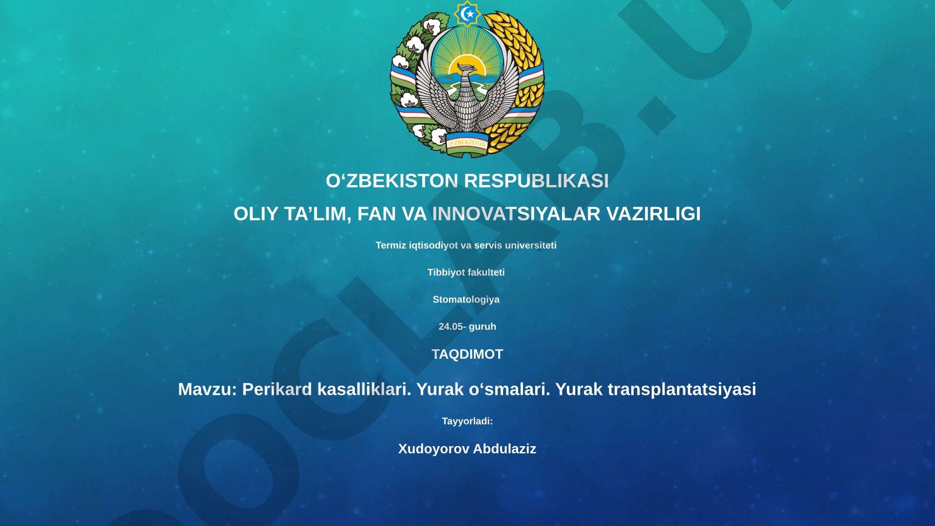 Perikard kasalliklari. Yurak o'smalari. Yurak transplantatsiyasi