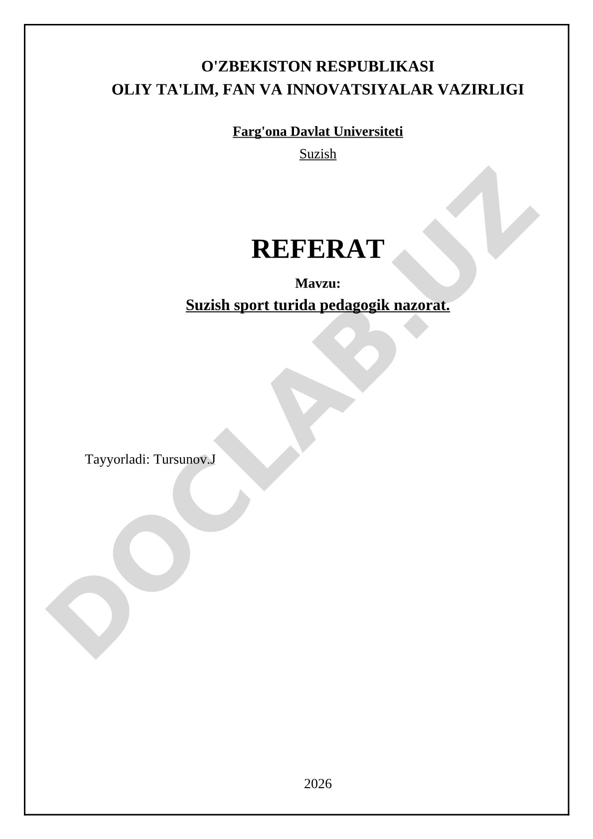 Suzish sport turida pedagogik nazorat