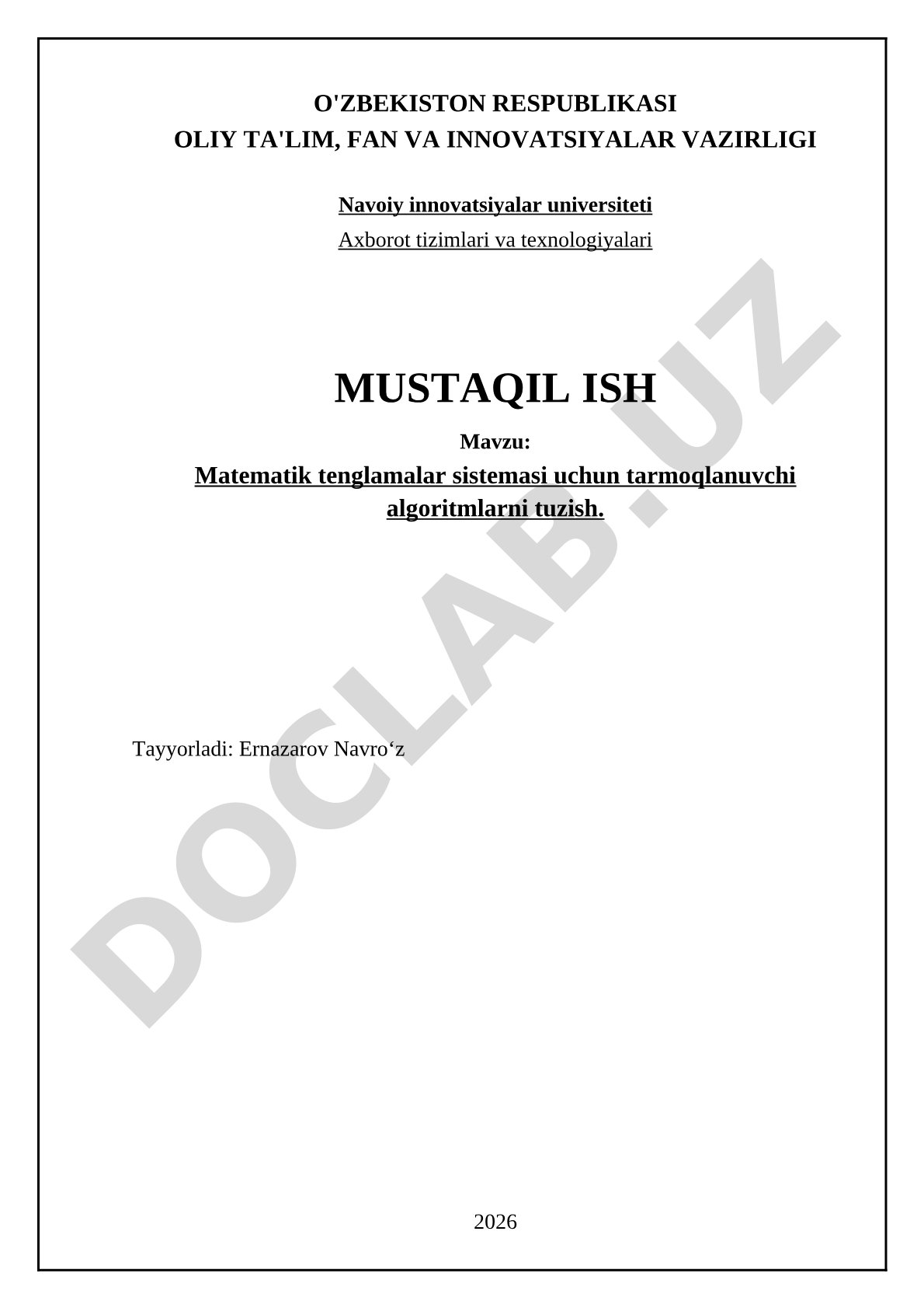 Matematik tenglamalar sistemasi uchun tarmoqlanuvchi algoritmlarni tuzish