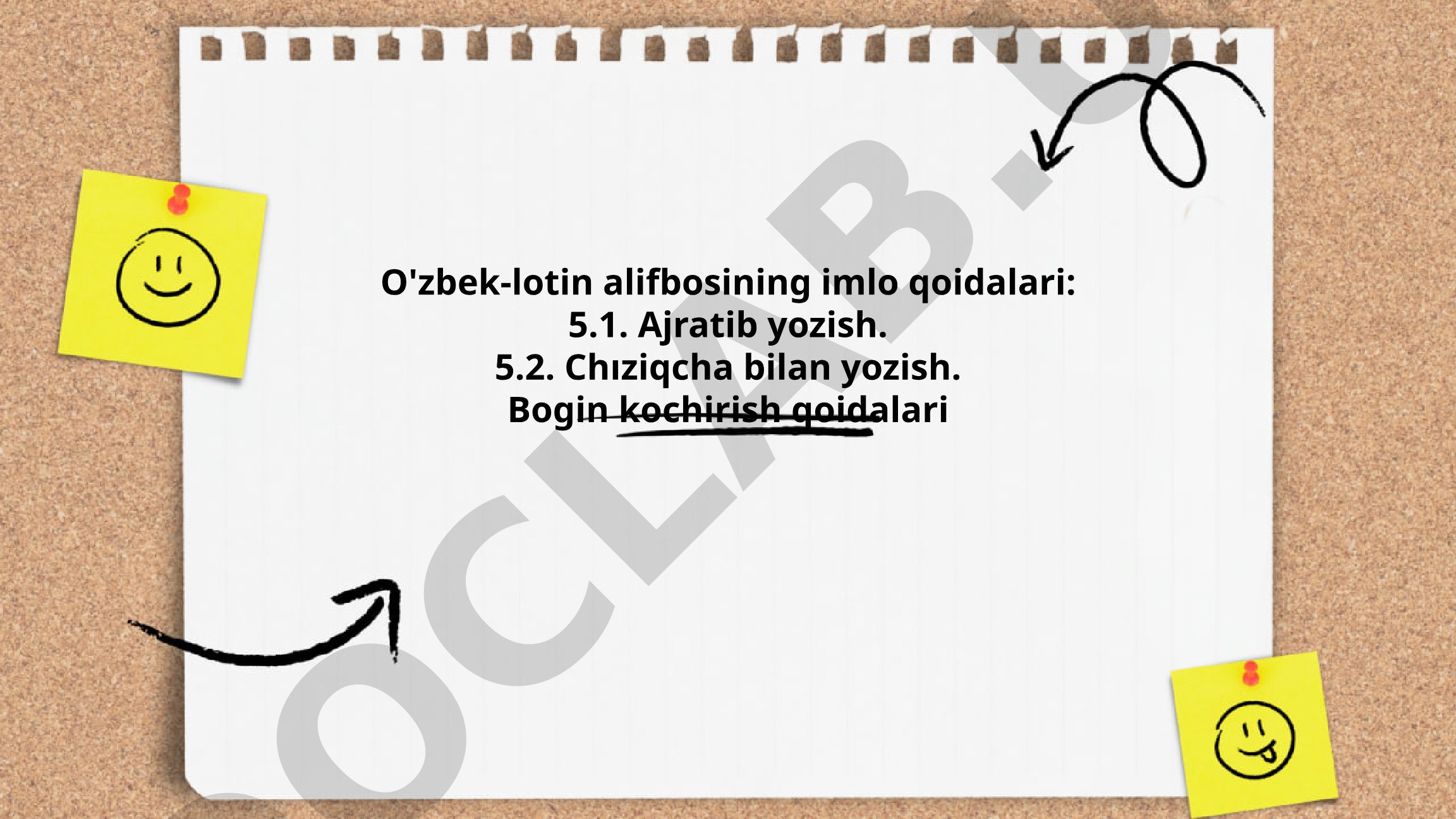 O'zbek-lotin alifbosining imlo qoidalari: ajratib yozish, chiziqcha bilan yozish, bo'g'in ko'chirish