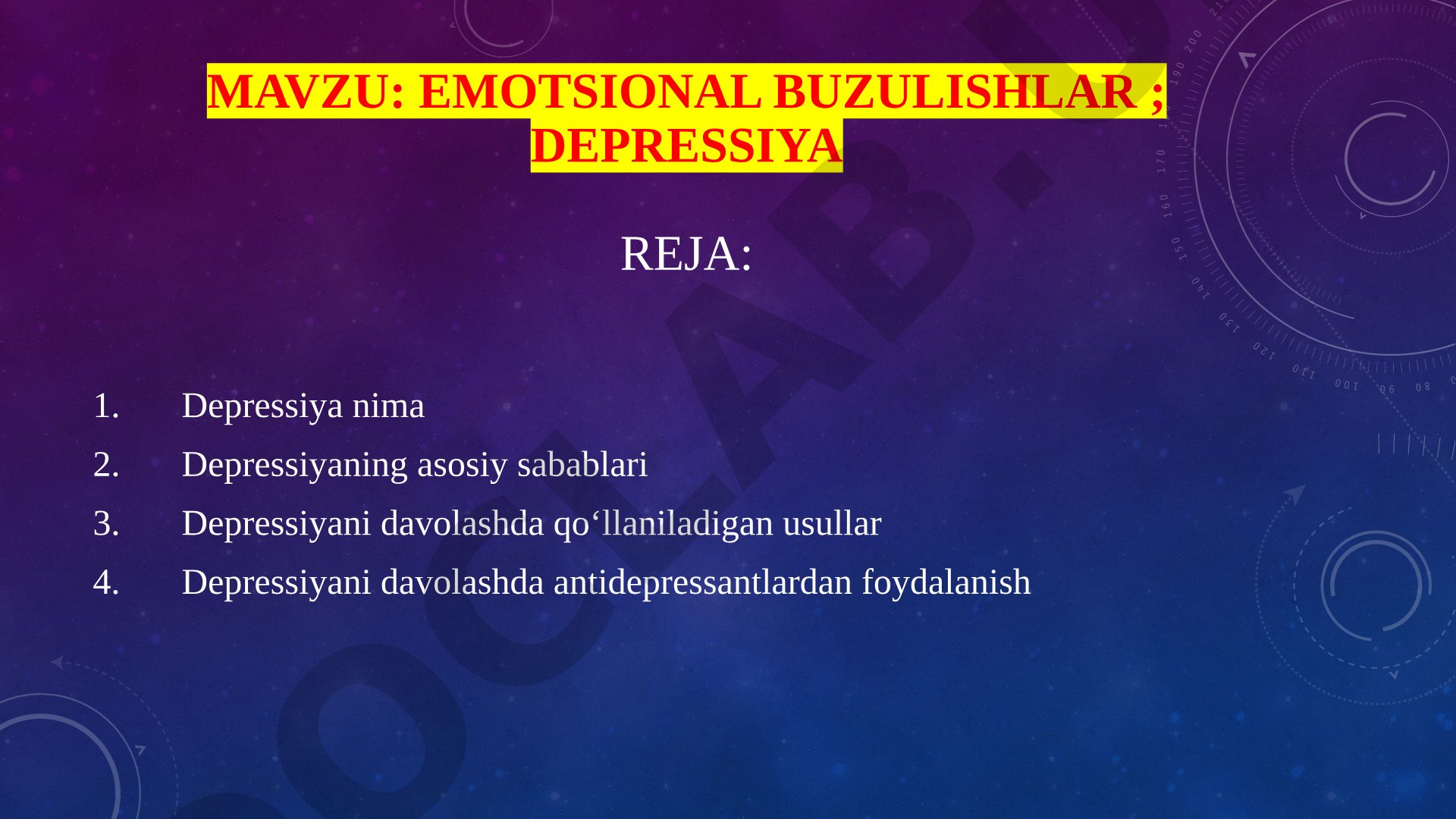 Depressiya nima, sabablari, davolash usullari va antidepressantlar haqida taqdimot