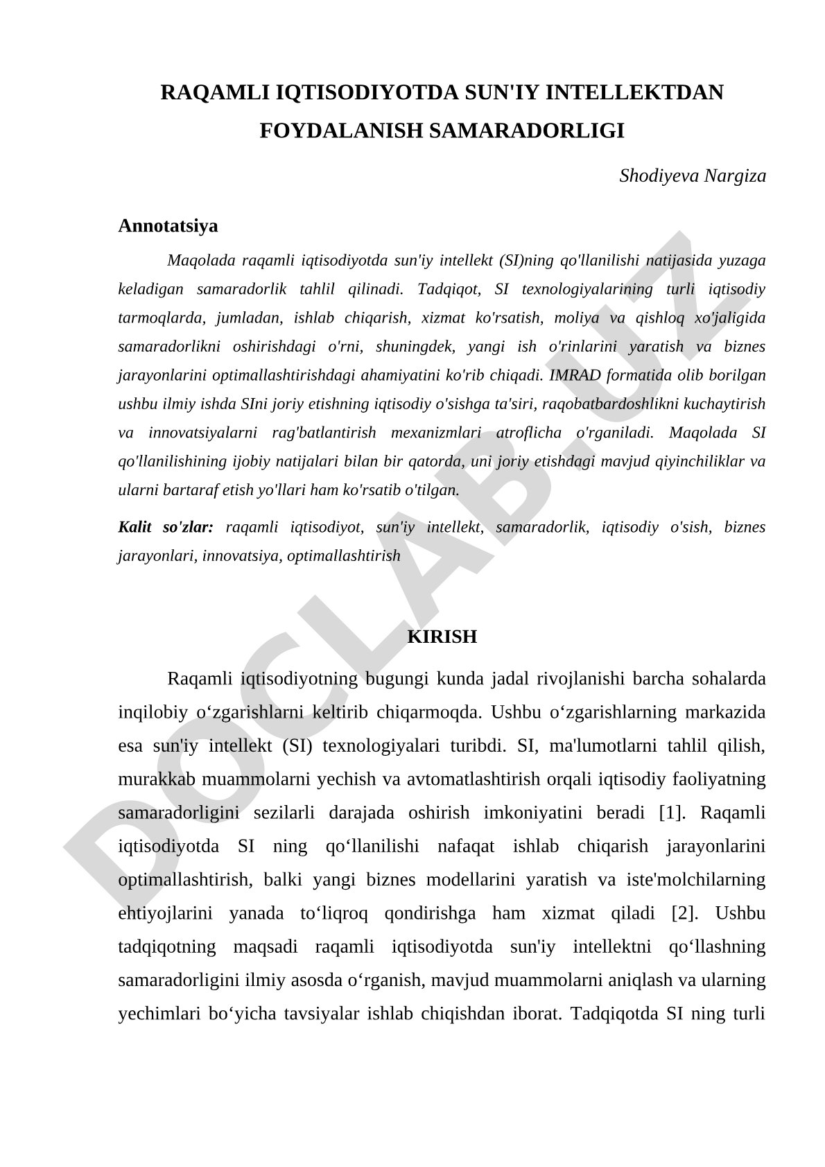 Raqamli iqtisodiyotda sun'iy intellektdan foydalanish samaradorligi