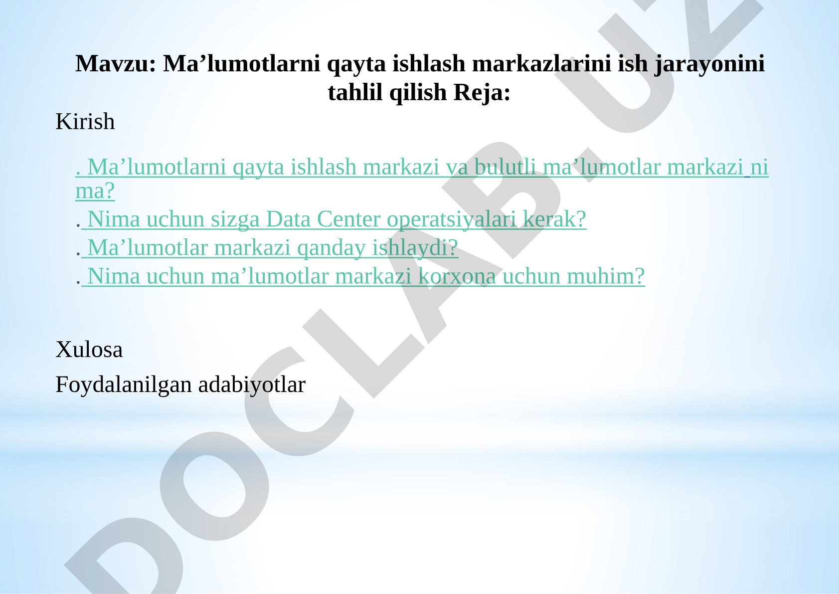 Ma’lumotlarni qayta ishlash markazlarini ish jarayonini tahlil qilish