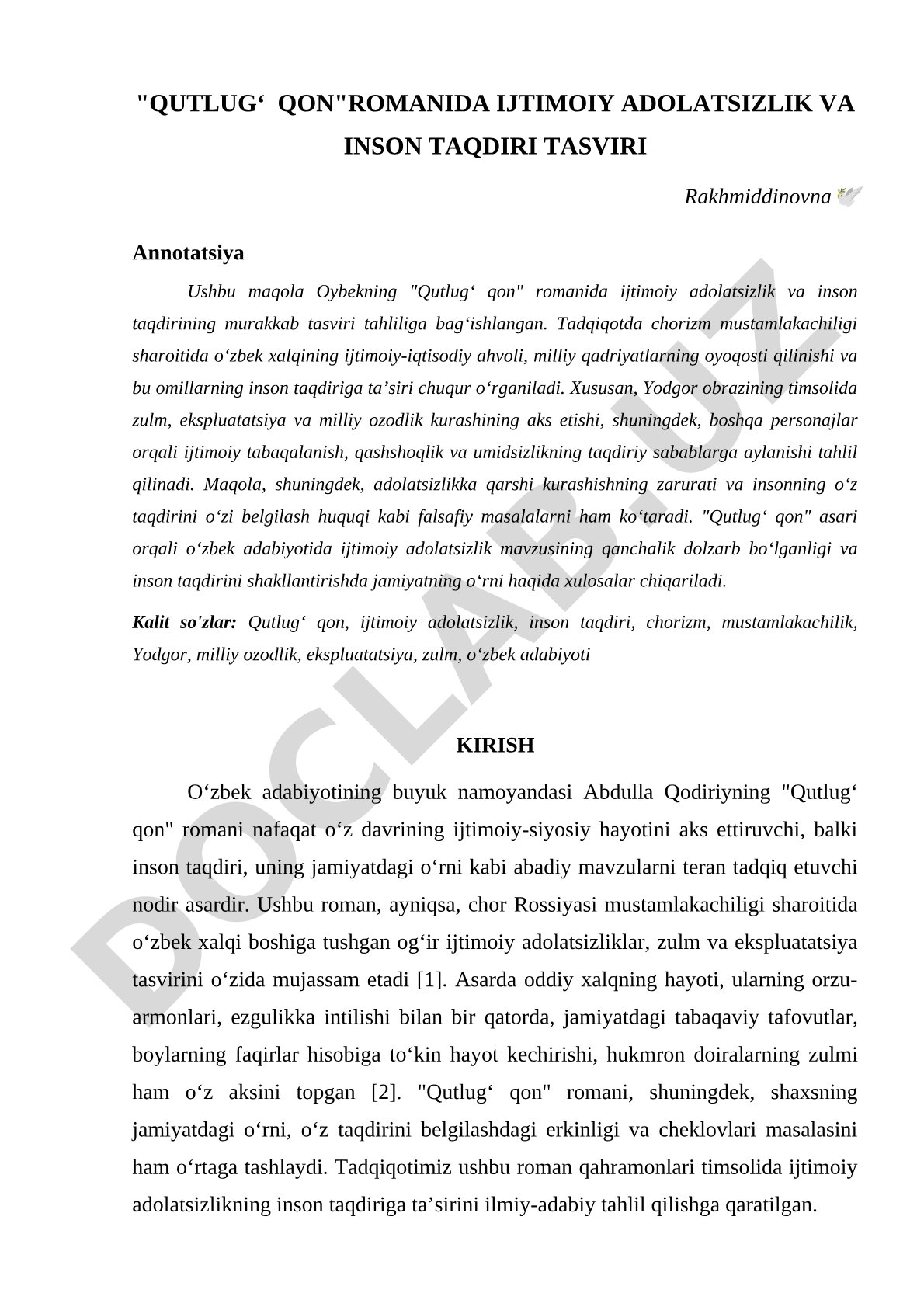 Qutlug‘ qon romanida ijtimoiy adolatsizlik va inson taqdiri tasviri