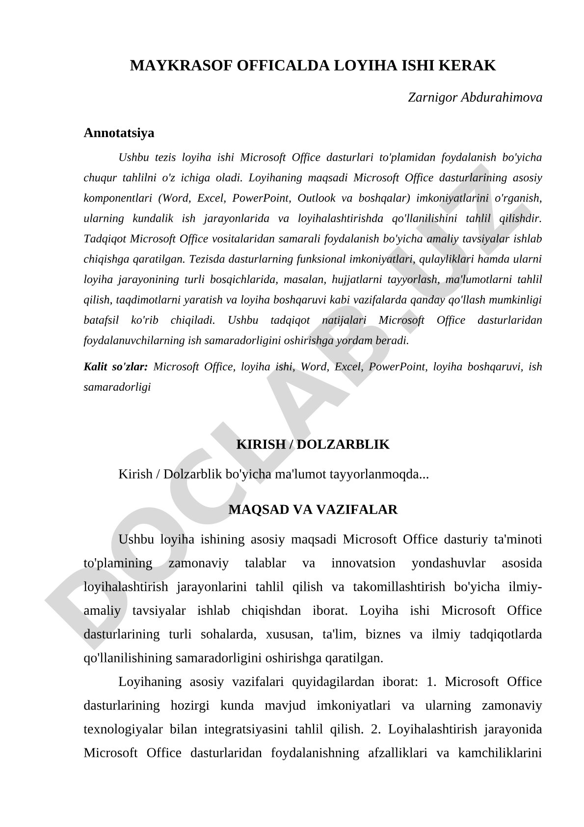 Microsoft Office dasturlari to'plamidan foydalanish bo'yicha loyiha ishi
