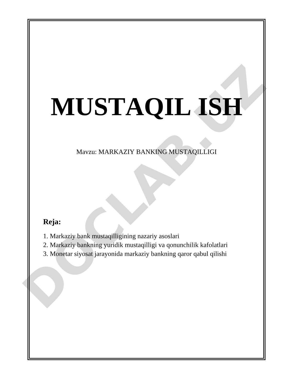 MARKAZIY BANKING MUSTAQILLIGI