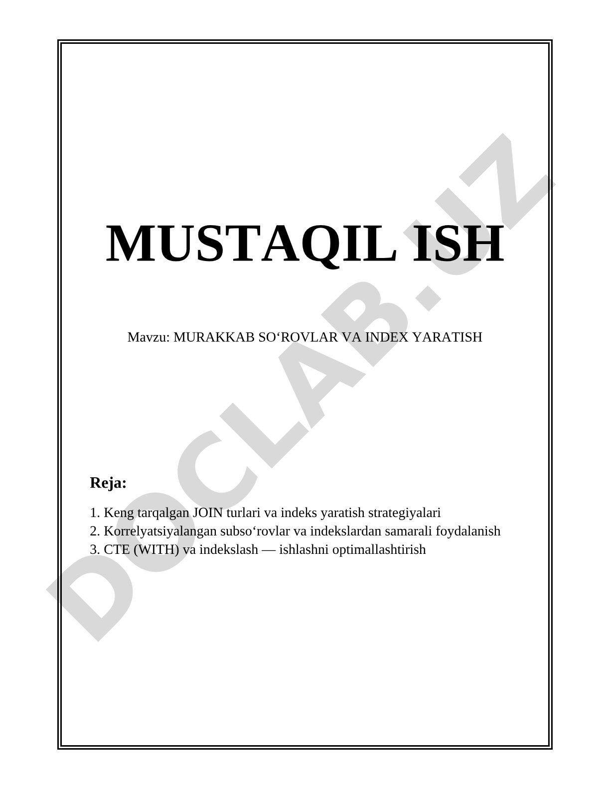MURAKKAB SOʻROVLAR VA INDEX YARATISH