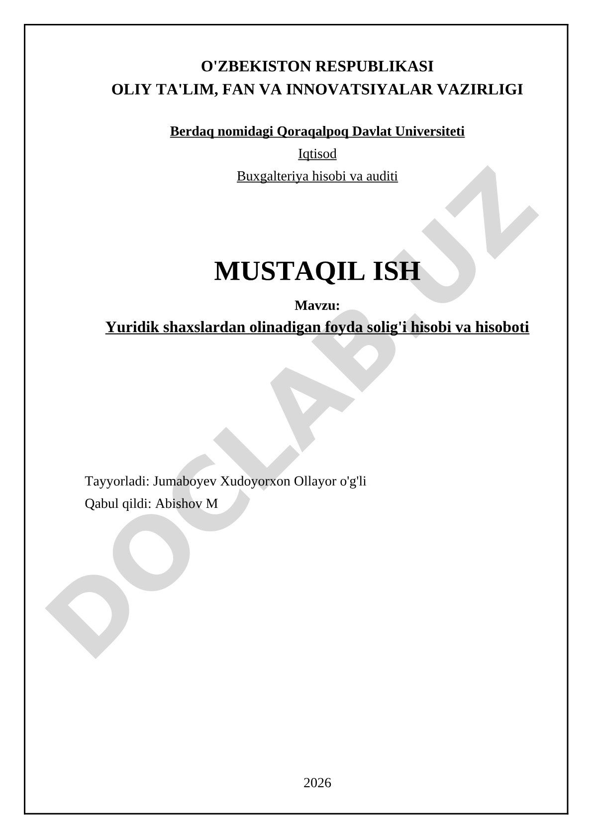 Yuridik shaxslardan olinadigan foyda solig'i hisobi va hisoboti