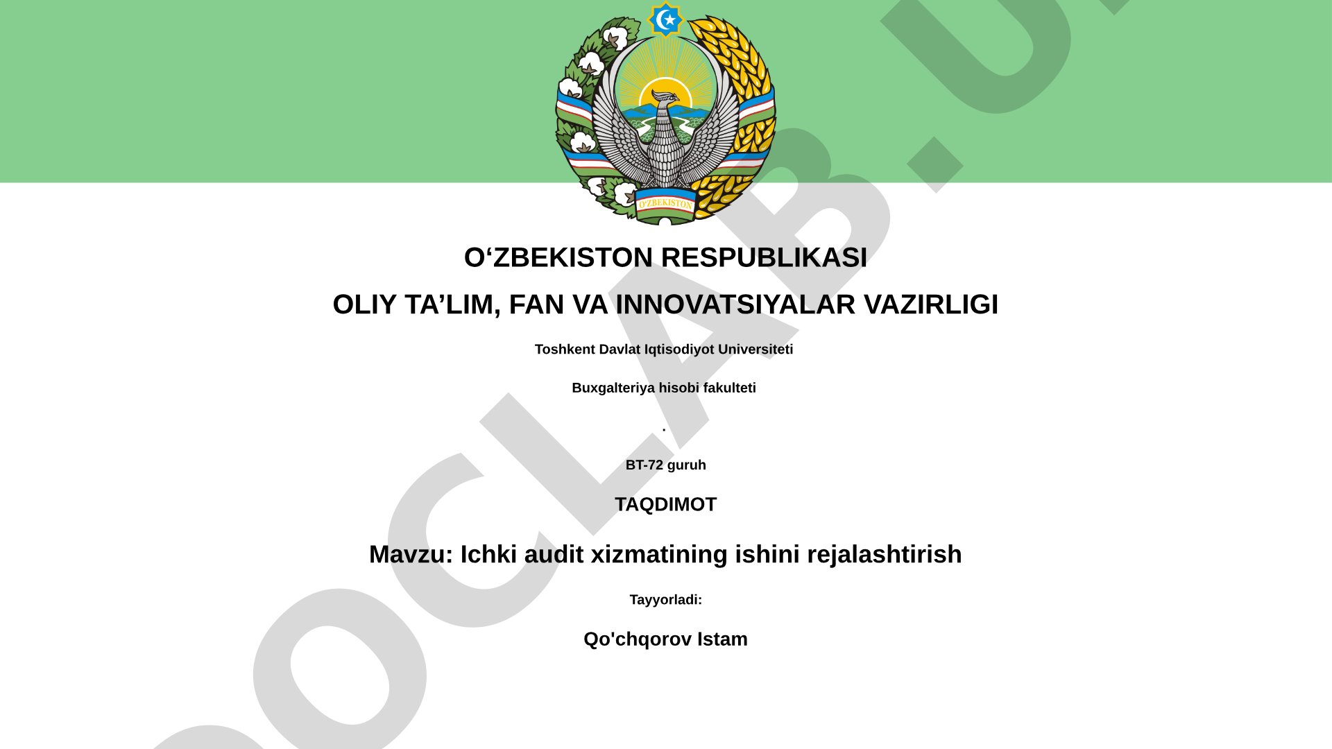 Ichki audit xizmatining ishini rejalashtirish