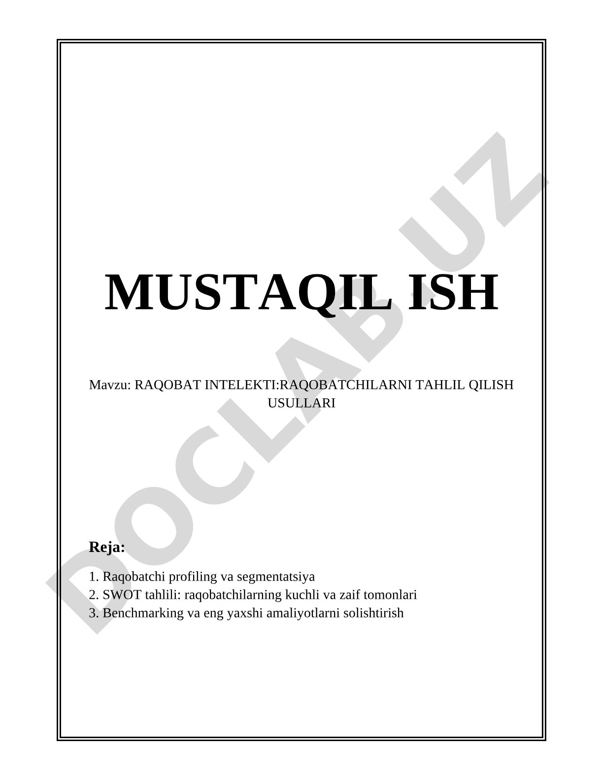 RAQOBAT INTELEKTI: RAQOBATCHILARNI TAHLIL QILISH USULLARI