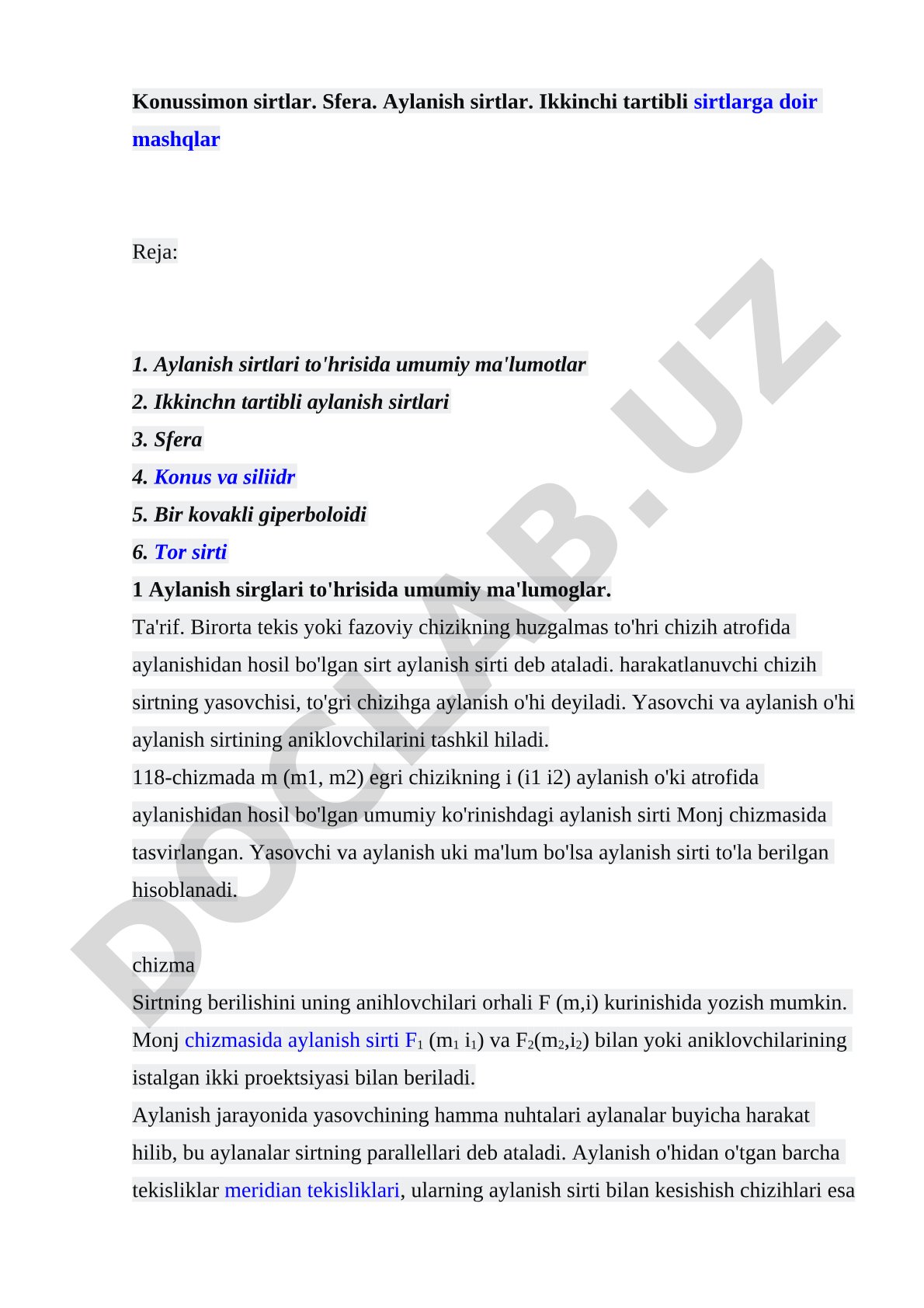 Konussimon sirtlar. Sfera. Aylanish sirtlar. Ikkinchi tartibli sirtlarga doir mashqlar