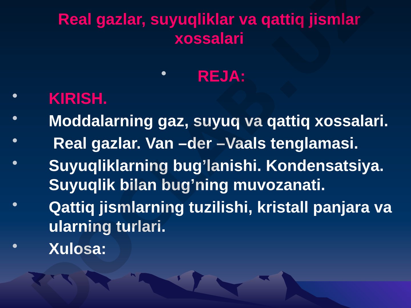 Real gazlar, suyuqliklar va qattiq jismlar xossalari