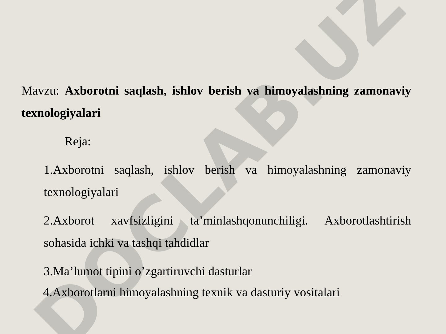 Axborotni saqlash, ishlov berish va himoyalashning zamonaviy texnologiyalari