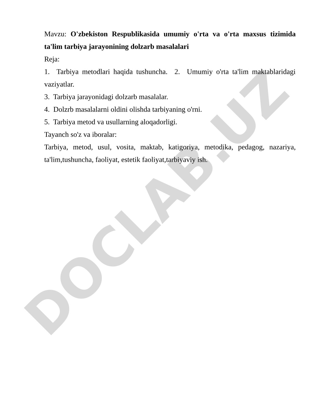 O'zbekiston Respublikasida umumiy o'rta va o'rta maxsus tizimida ta'lim tarbiya jarayonining dolzarb masalalari