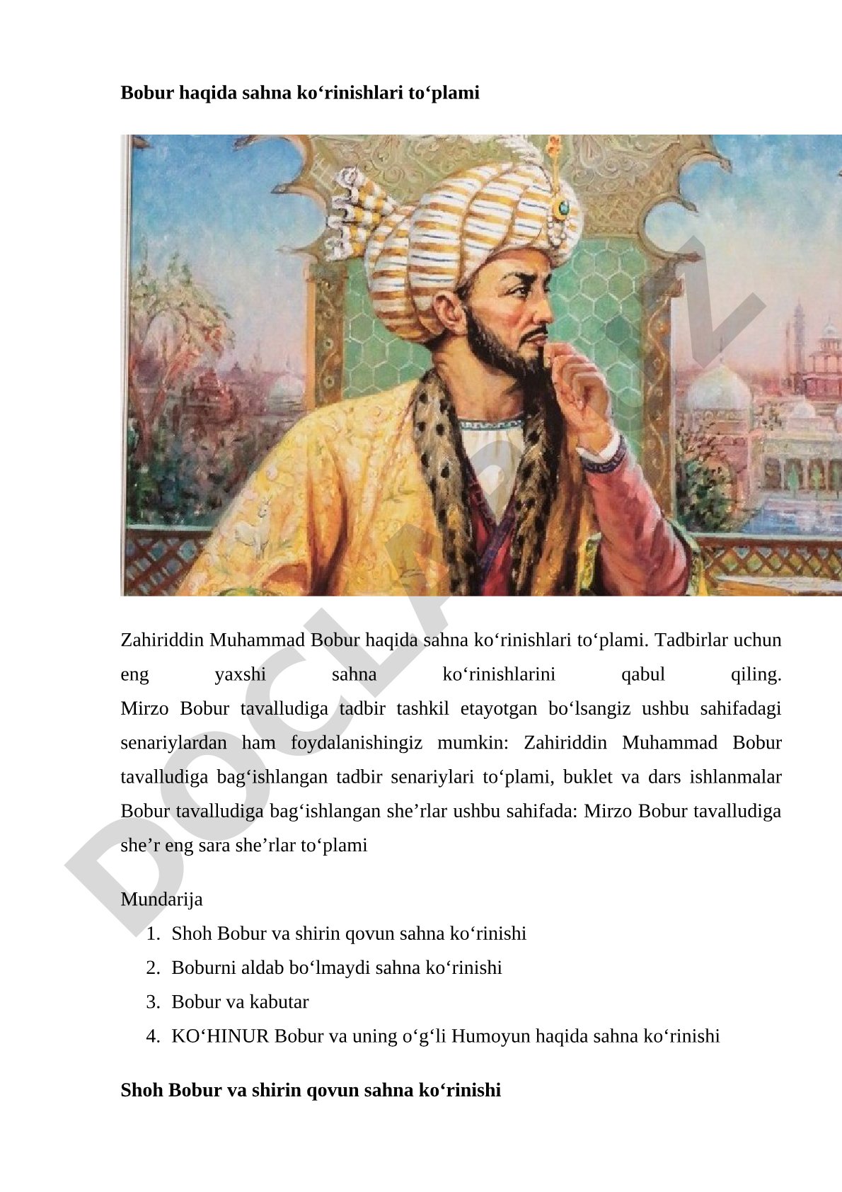 Zahiriddin Muhammad Bobur haqida sahna ko‘rinishlari to‘plami