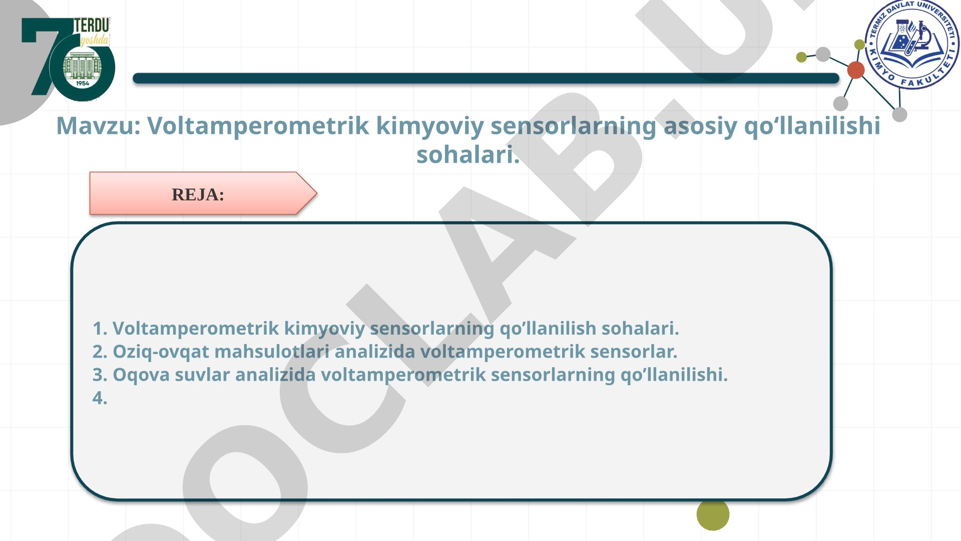 Voltamperometrik kimyoviy sensorlarning asosiy qo‘llanilishi sohalari