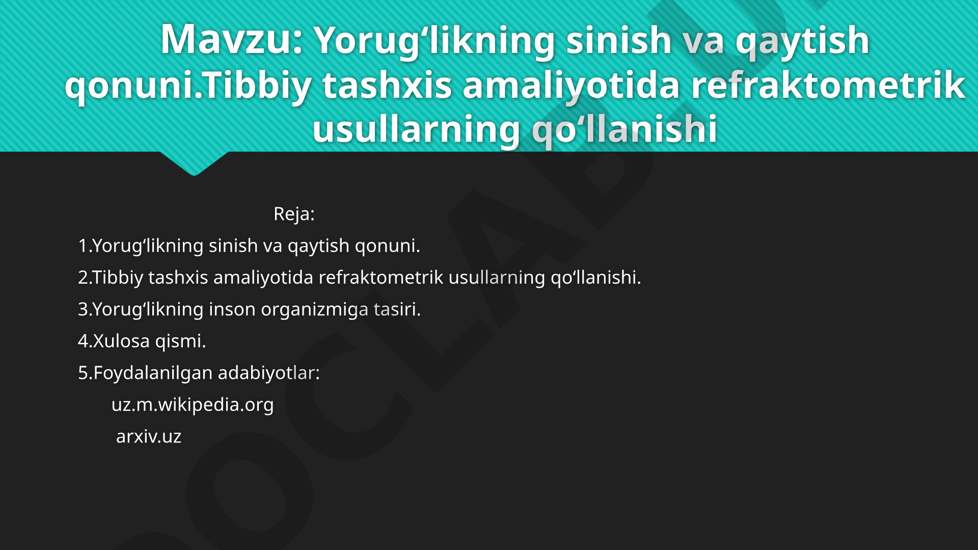 Yorugʻlikning sinish va qaytish qonuni. Tibbiy tashxis amaliyotida refraktometrik usullarning qoʻllanishi