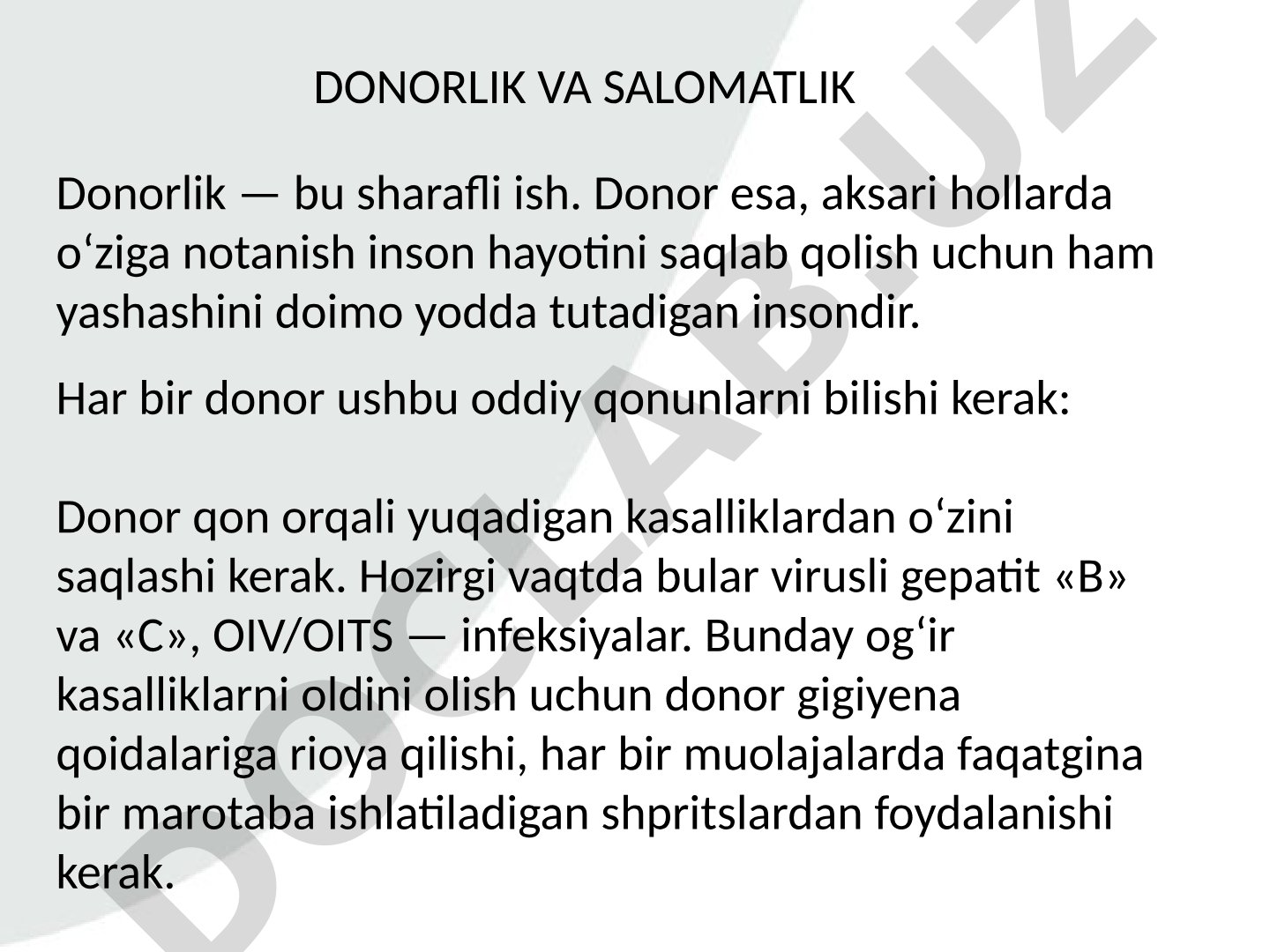 Donorlik va salomatlik qoidalari