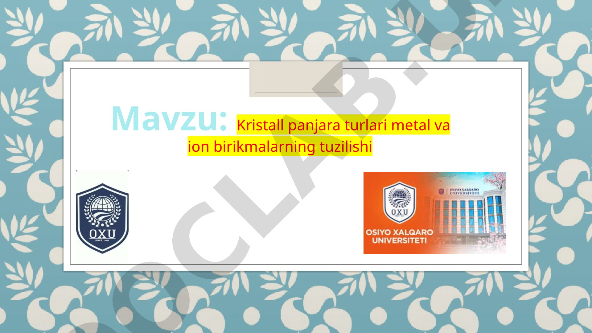 Kristall panjara turlari metal va ion birikmalarning tuzilishi