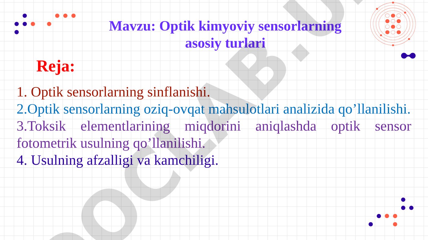 Optik kimyoviy sensorlarning asosiy turlari