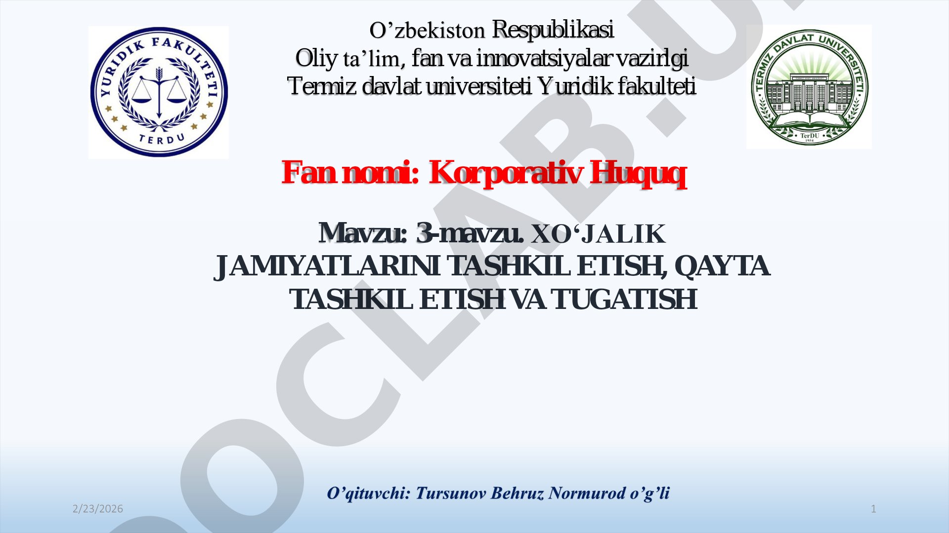 Xo‘jalik jamiyatlarini tashkil etish, qayta tashkil etish va tugatish