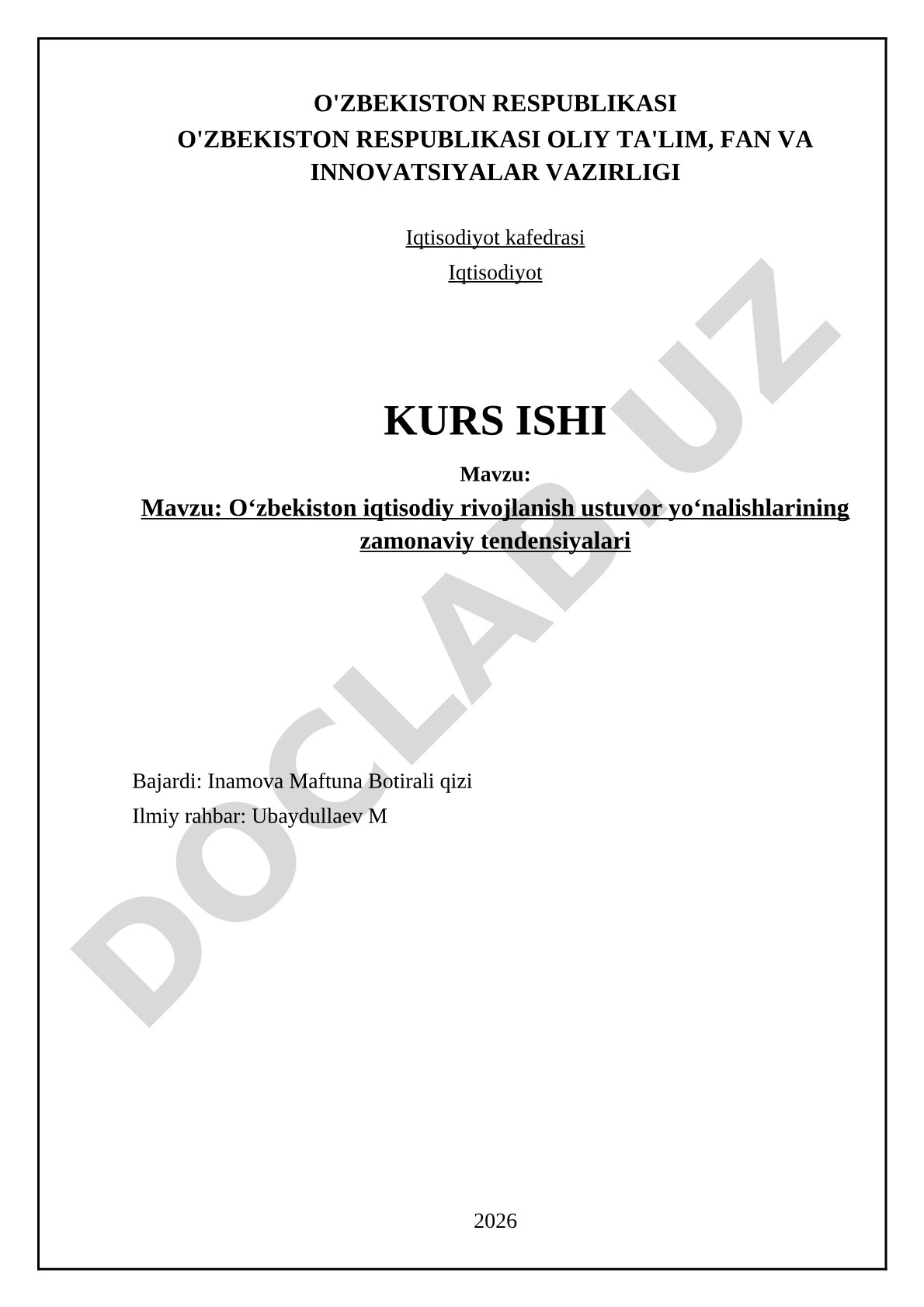 Oʻzbekiston iqtisodiy rivojlanish ustuvor yoʻnalishlarining zamonaviy tendensiyalari