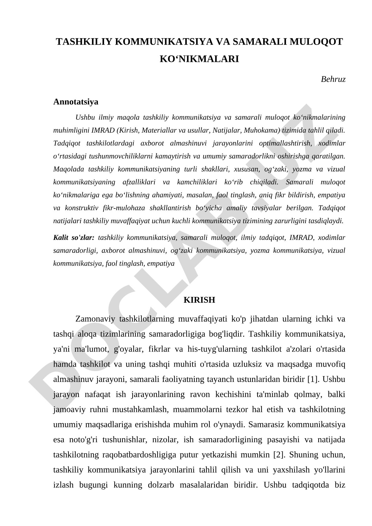 Tashkiliy kommunikatsiya va samarali muloqot koʻnikmalari