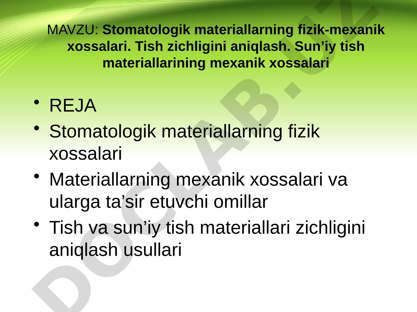 Stomatologik materiallarning fizik-mexanik xossalari. Tish zichligini aniqlash. Sun’iy tish materiallarining mexanik xossalari