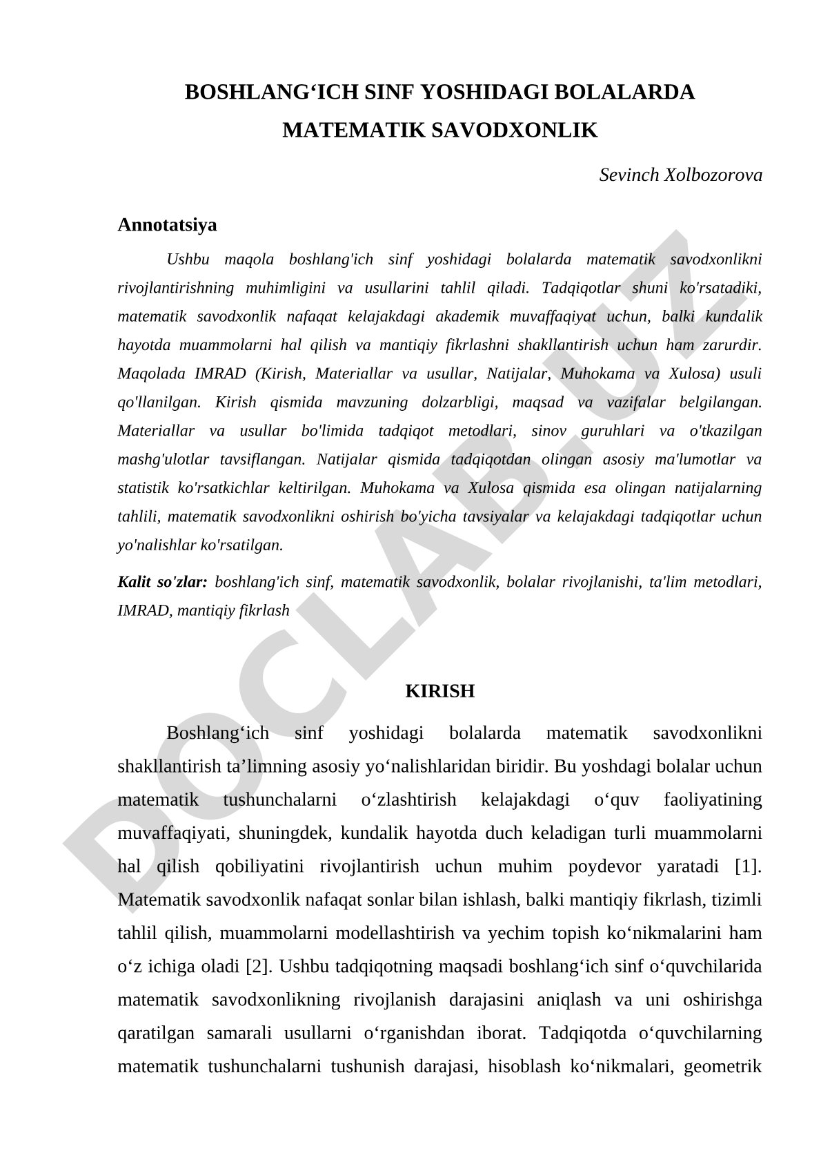 Boshlang'ich sinf yoshidagi bolalarda matematik savodxonlik