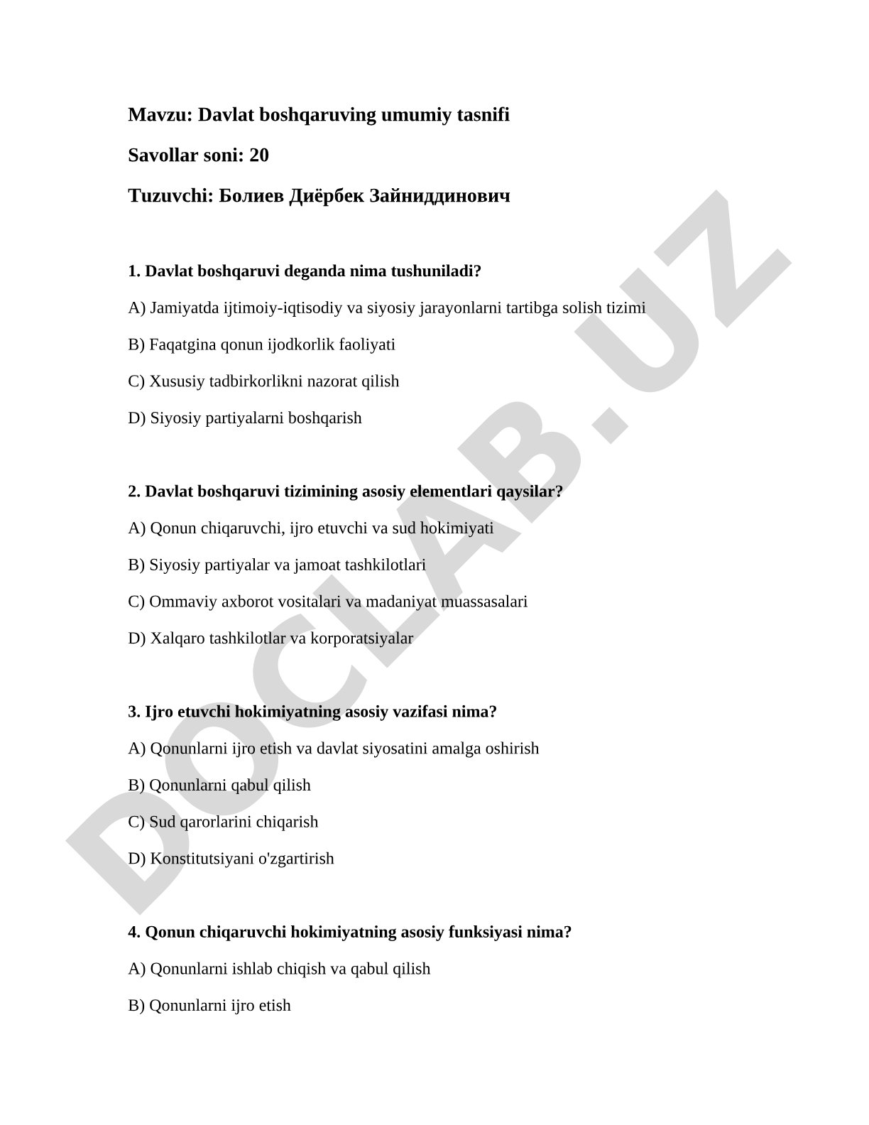 Davlat boshqaruvining umumiy tasnifi