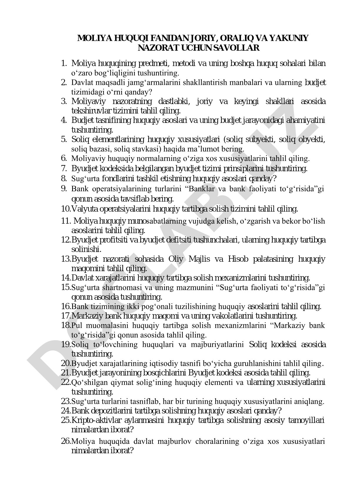 Moliya huquqi fanidan joriy, oraliq va yakuniy nazorat uchun savollar
