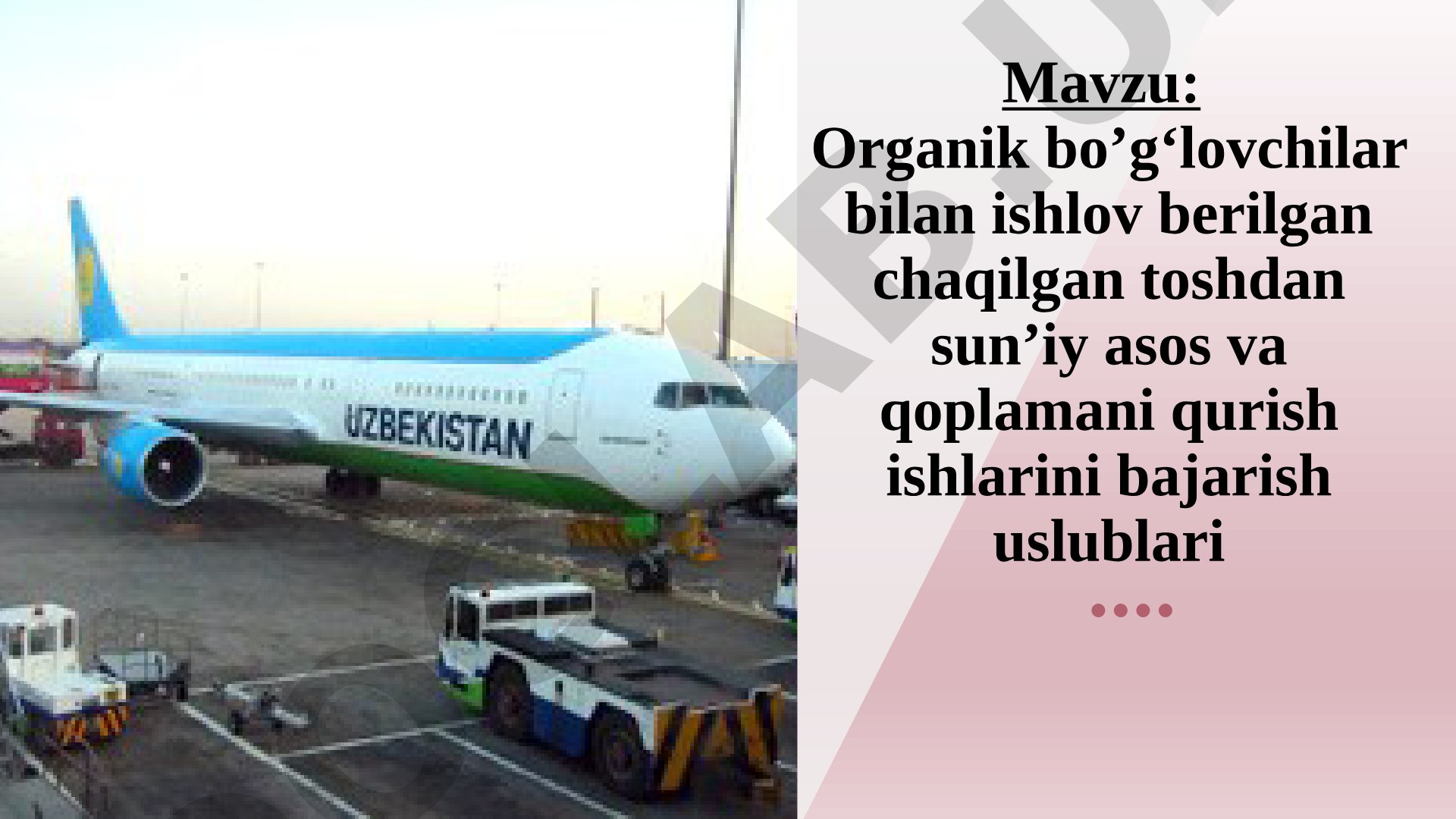 Organik bo'g'lovchilar bilan ishlov berilgan chaqilgan toshdan sun'iy asos va qoplamani qurish ishlarini bajarish uslublari