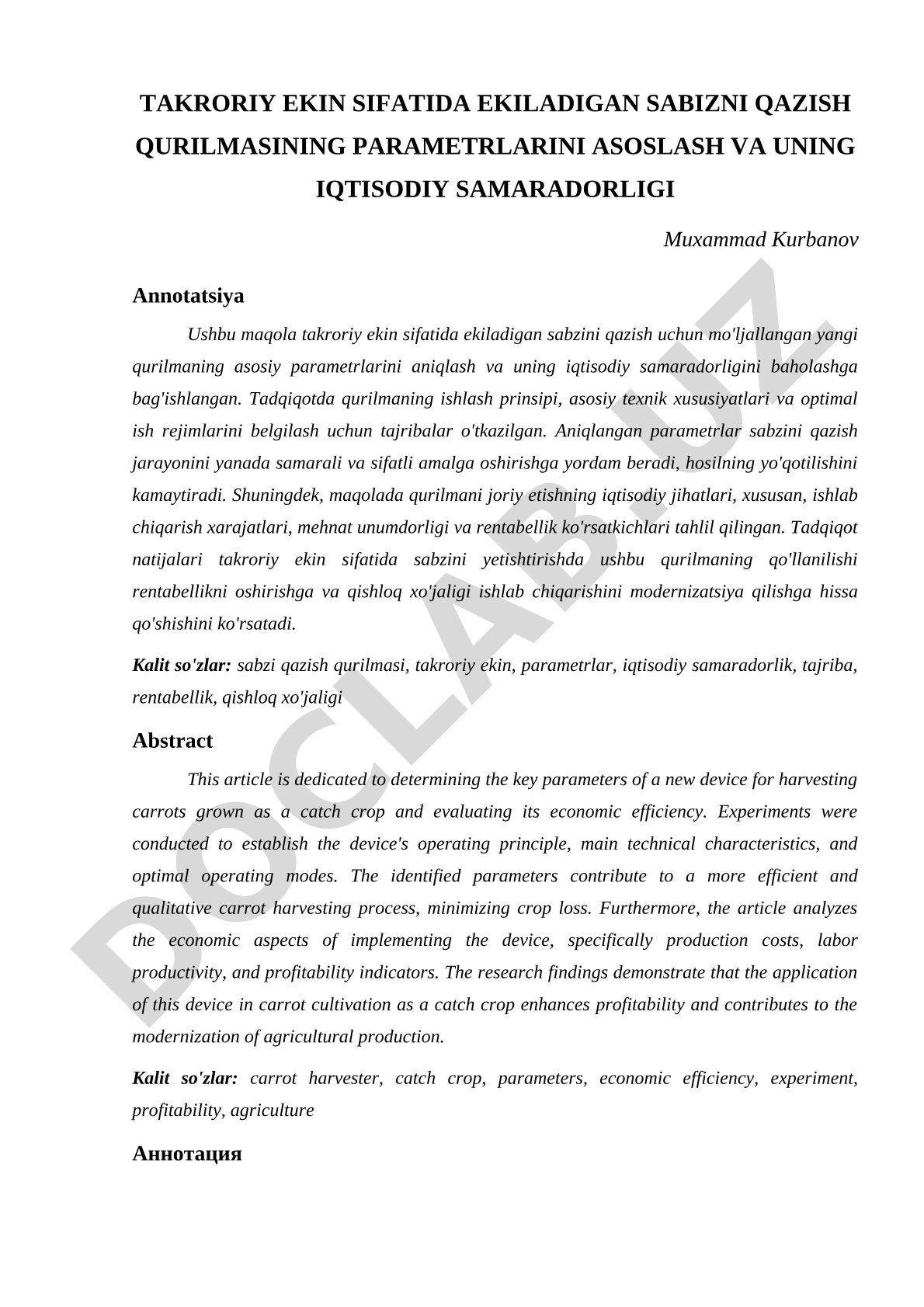 Takroriy ekin sifatida ekiladigan sabzini qazish qurilmasining parametrlarini asoslash va uning iqtisodiy samaradorligi