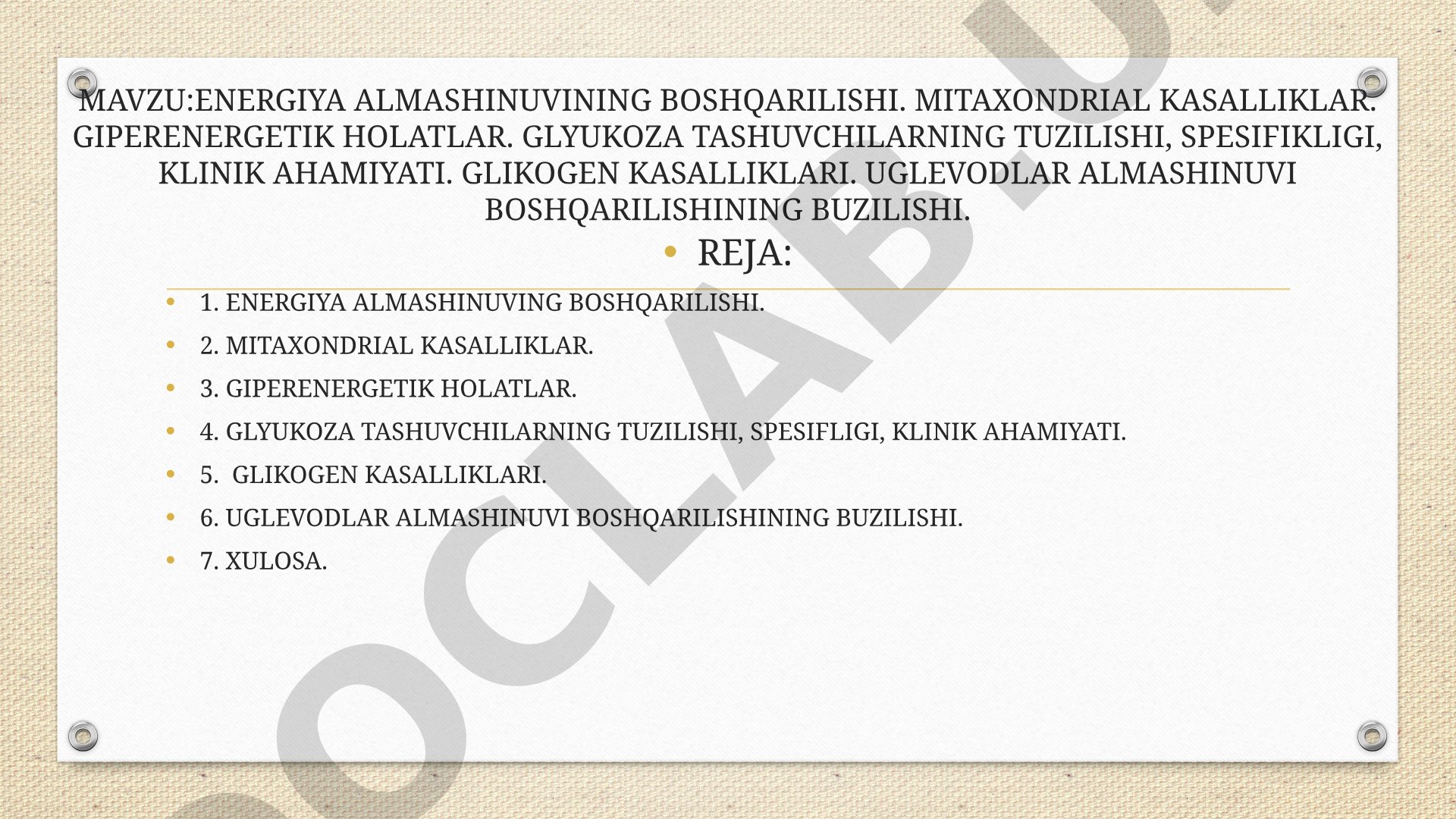 Energiya almashinuvining boshqarilishi. Mitaxondrial kasalliklar. Giperenergetik holatlar. Glyukoza tashuvchilarning tuzilishi, spesifikligi, klinik ahamiyati. Glikogen kasalliklari. Uglevodlar almashinuvi boshqarilishining buzilishi.