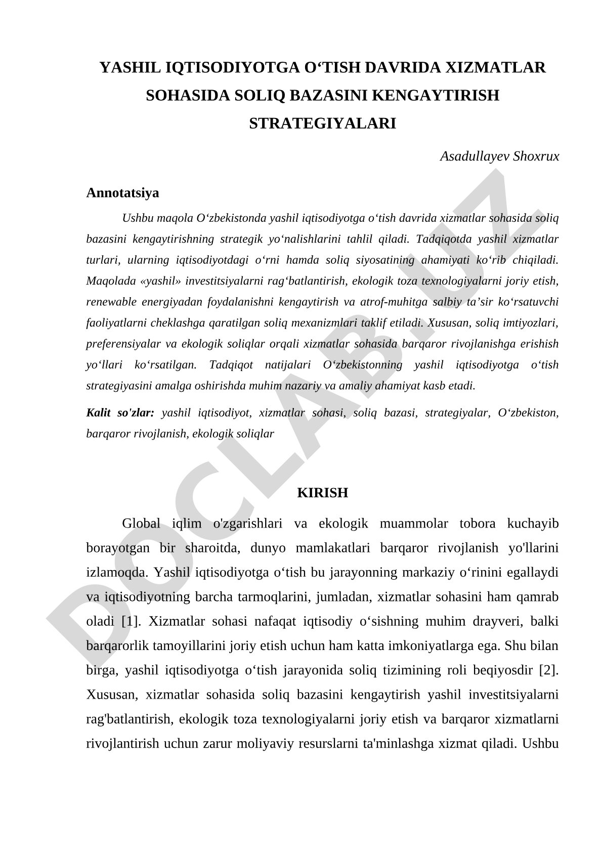 Yashil iqtisodiyotga o'tish davrida xizmatlar sohasida soliq bazasini kengaytirish strategiyalari