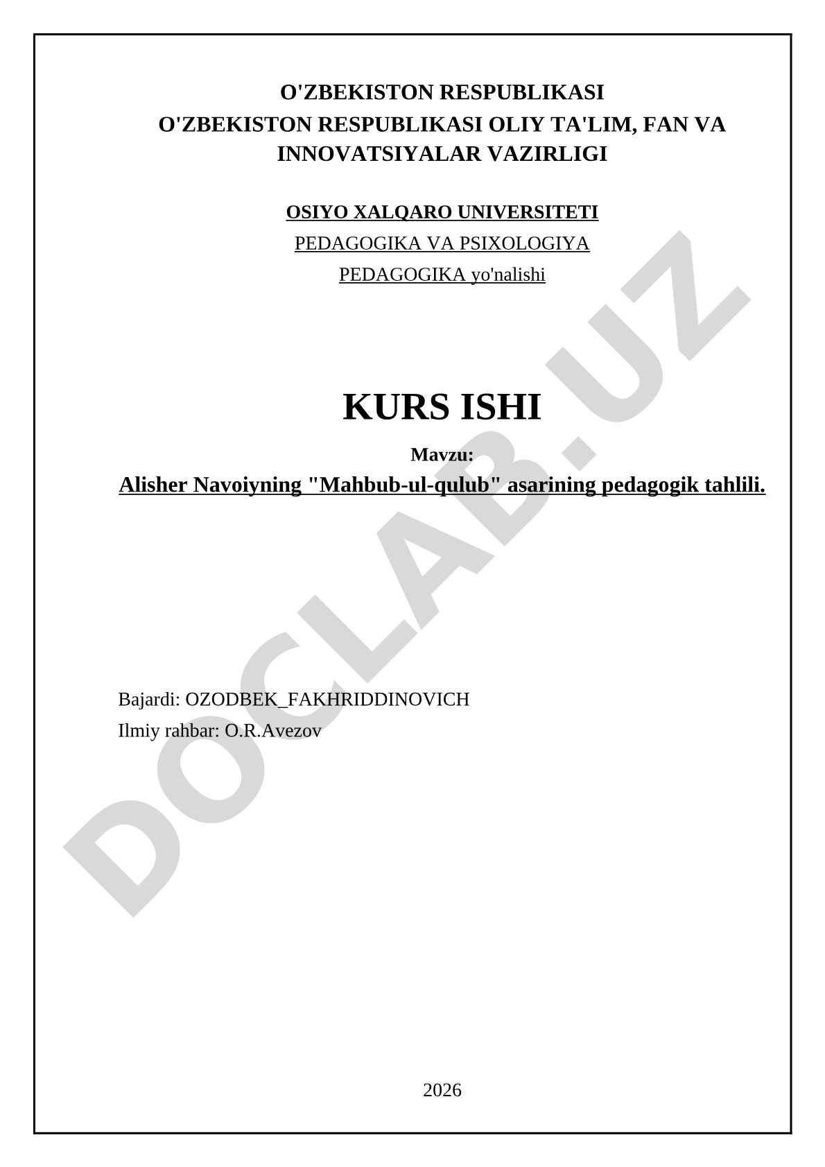 Alisher Navoiyning "Mahbub-ul-qulub" asarining pedagogik tahlili