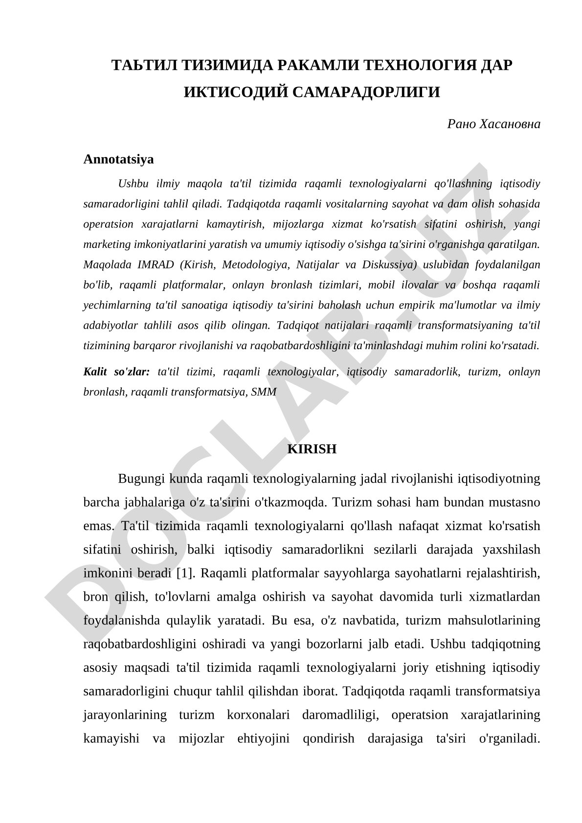 Таътил тизимида рақамли технологияларнинг иқтисодий самарадорлиги