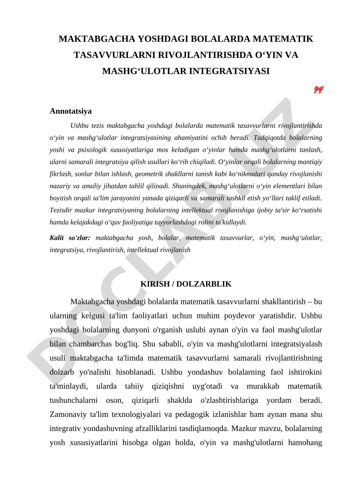 Maktabgacha yoshdagi bolalarda matematik tasavvurlarni rivojlantirishda o'yin va mashg'ulotlar integratsiyasi