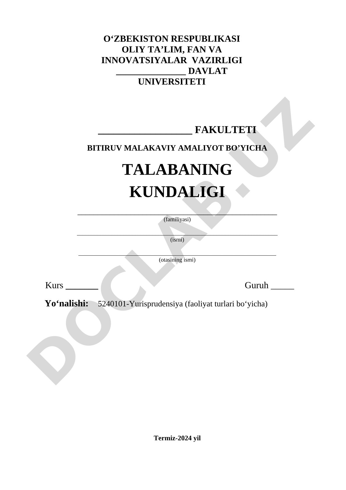 Bitiruv malakaviy amaliyot bo'yicha talabaning kundaligi