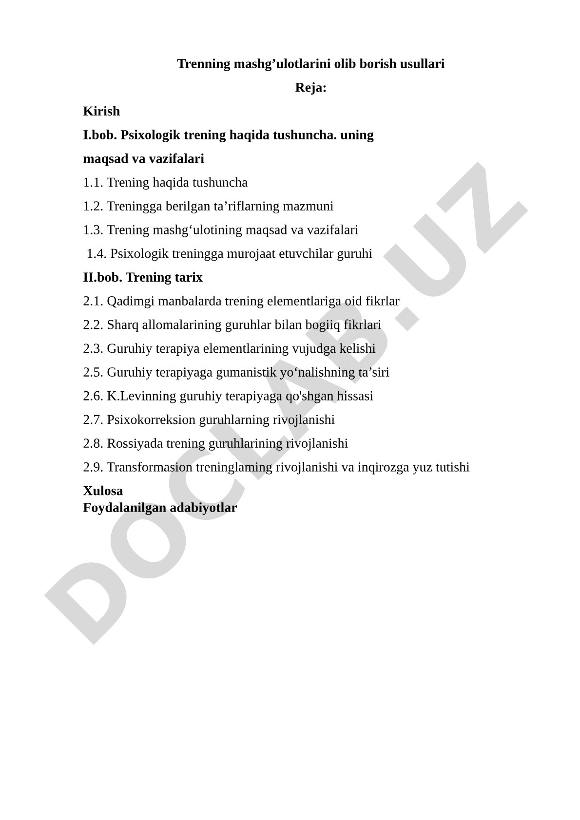 Trening mashg'ulotlarini olib borish usullari