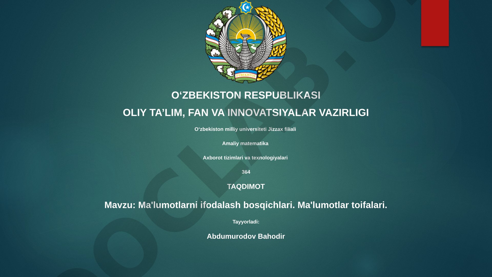 Ma'lumotlarni ifodalash bosqichlari. Ma'lumotlar toifalari